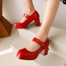 Women's Shiny Leather Mary Jane Mid Heel Dress Office Lady Wedding Shoes Wedding