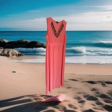 Notations Maxi Dress XL Coral Beaded Neckline Beachy Cottage Resort Cruise NWT 