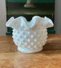 Vtg Fenton Hobnail White Milk Glass 3" Ball Globe Vase Crimped Ruffled Rim