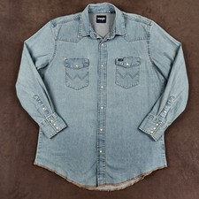 Wrangler Western Denim Shirt Mens XL Tall Light Blue Pearl Snap Long Sleeve