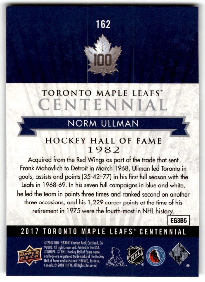 Norm Ullman 2017-18 Upper Deck Toronto Maple Leafs Centennial SP #162 - Image 2 of 2