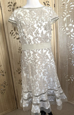 Tadashi Shoji Sz 14 cap sleeve Belted Taupe/Tan Lace Knee Length Formal Dress