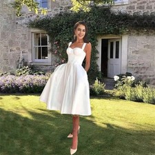 Elegant Short A-Line Wedding Dress Spaghetti Strap Tea Length Satin Bridal Gowns