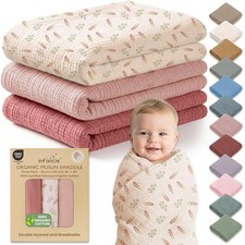 100 Organic Cotton Muslin Baby Blanket 3 Pack - Breathable Swaddle, Hypoalle...