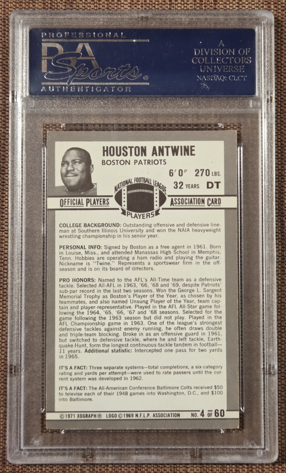1971 Kellogg's Houston Antwine Boston Patriots Vintage Football Card PSA 8 NM/MT view 2