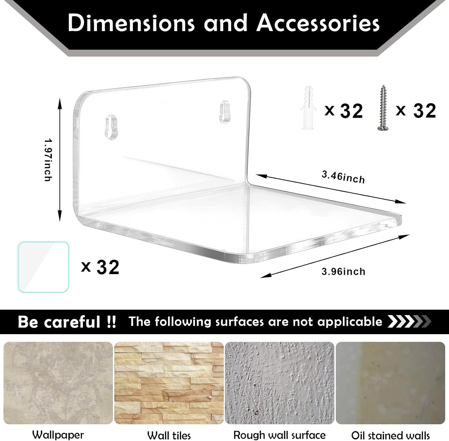 Acrylic Mini Floating Shelf, 16 Pack - Clear, Modern Wall Shelf for Office, Bedr