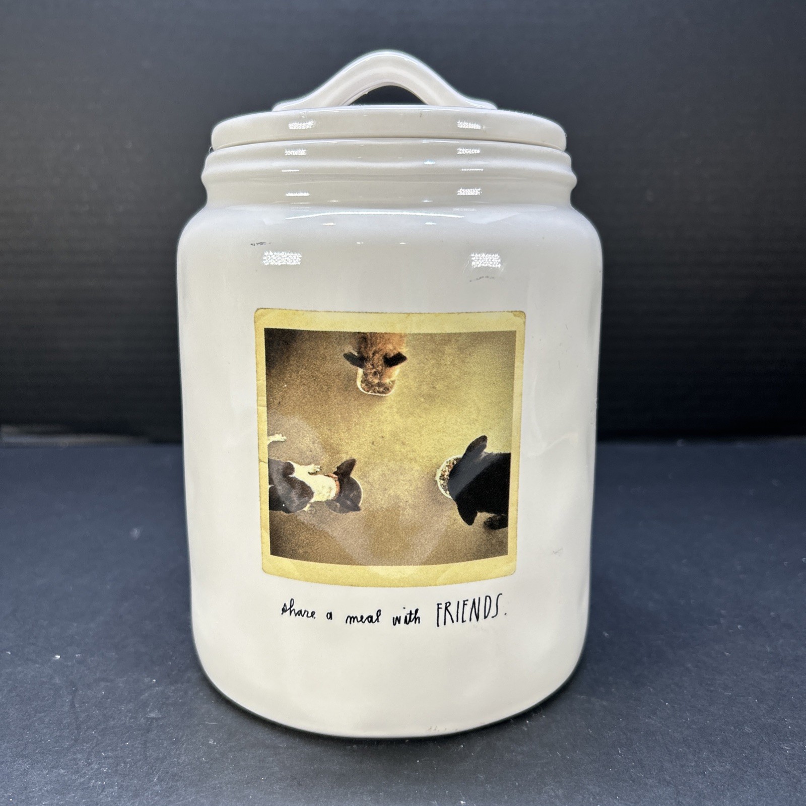 Rae Dunn White Dog Food/Treat Jar Canister W/Lid &ldquo;Share A Meal With Friends&rdquo;