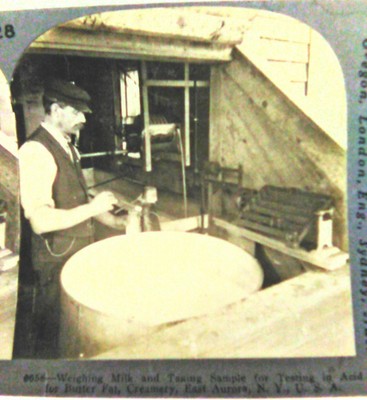 EAST AURORA CREAMERY MILK TESTING STEREOVIEW c1900 NEW YORK DAIRY PHOTO CARD
