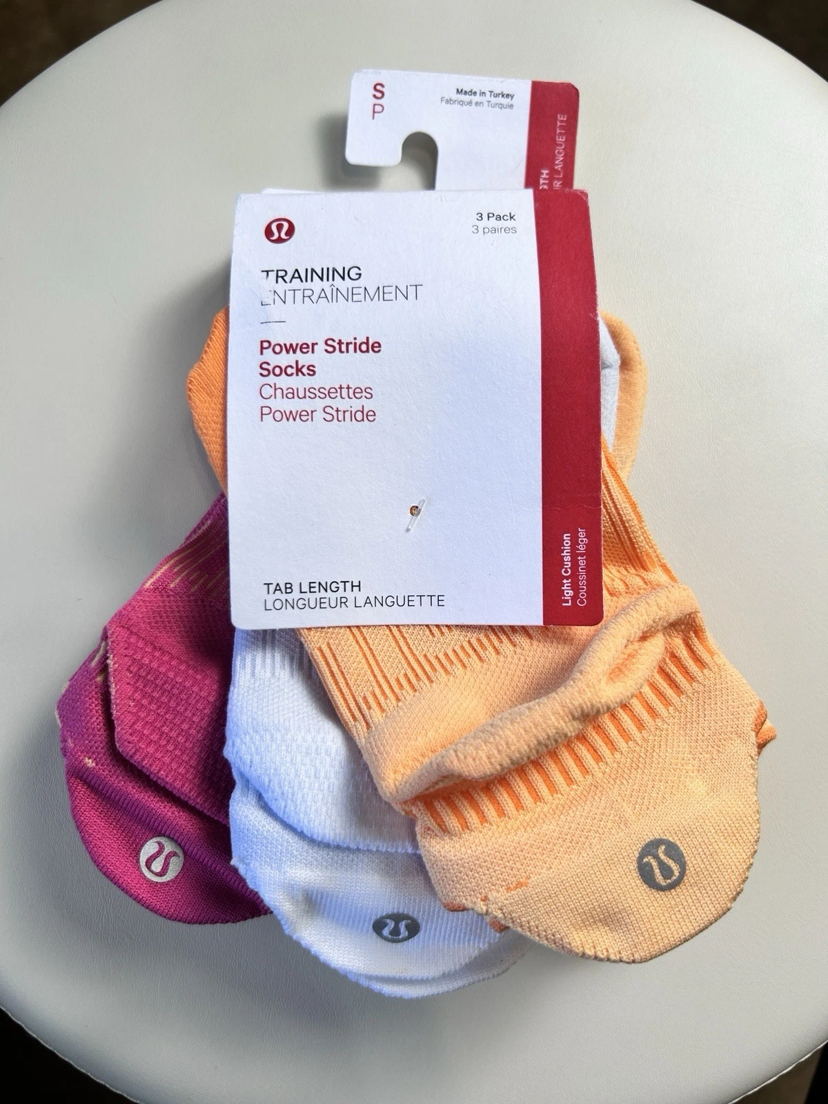 NWT Lululemon Power Stride Socks Tab 3 Pack - RKMl/WHT/RBCO - Size S