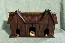 Vintage 3 Door Bamboo/Wood Hanging Bird House w/ Dried Mushroom Crafted Birds