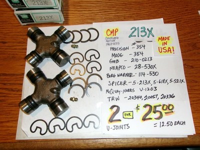 2 (TWO) CMP 213X  U-JOINTS=$25.00=$12.50 EA=FREE SHIP (MOOG 354, SPICER 5-213X)