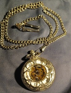 Kansas City Railroad Pocket Watch with Chain, Roman Numerals, Skeleton Dial