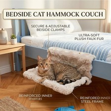 Beige Plush Cat Hammock Bed Bedside Plush Faux Fur Pet Bed Cosy Nap Spot Premium