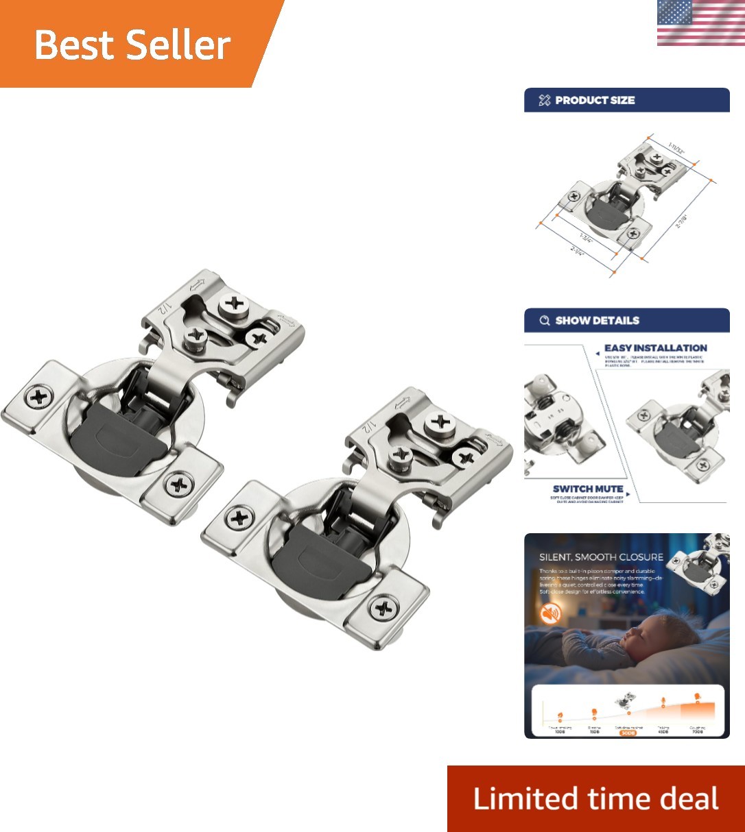 High-Quality 1/2" Overlay Soft Close Hinges - 60 Packs in El