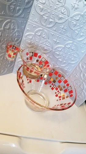 Vintage MCM Anchor Hocking 3 Tier Chip Dip Bowl Set Geometric Red Gold Rare