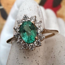 10ct Gold Emerald & White Topaz Halo Cluster Ring