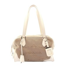 Prada Logo Jacquard Canvas Leather Handbag Women Beige One Size 673210