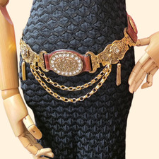 Vintage 1990s Brown Leather Gold Tone Statement Belt  Chain Rhinestone Tassel