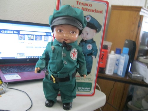 BUDDY LEE TEXACO STATION ATTENDANT COLLECTOR DOLL IN TIN CONTAINER