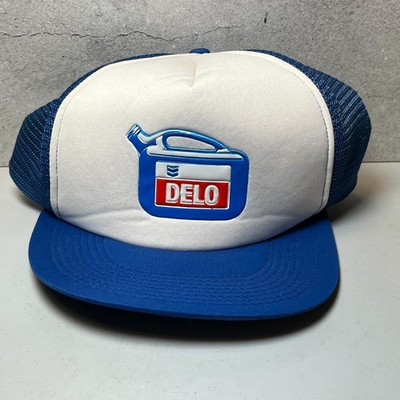 Vintage Chevron Delo Gas Oil Trucker Hat Adjustable Blue Mesh Snap Back