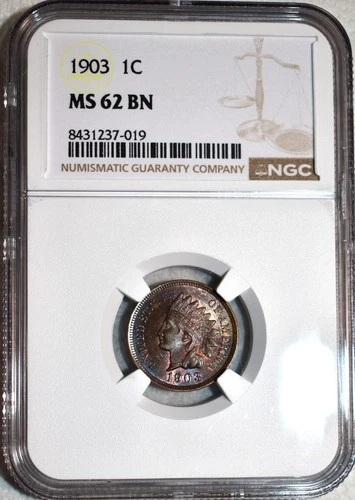 NGC MS-62 BN 1903 Indian Head Cent, Attractively Toned, PQ specimen.