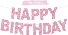 Happy Birthday Banner - Pink Pre-Strung No DIY Birthday Decorations - Happy B...