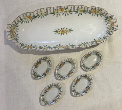 Vintage Nippon Hand Painted Porcelain Celery Dish w/ 5 Salt Dishes Floral Multi
