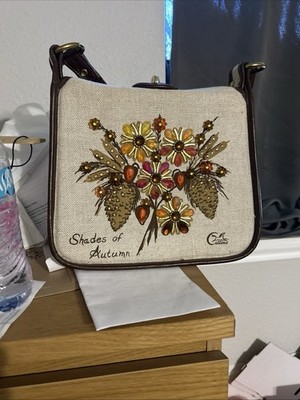 VTG Collins of Texas Purse/Shades Autumn Flower Vivid Rhinestones/Burlap/Leather