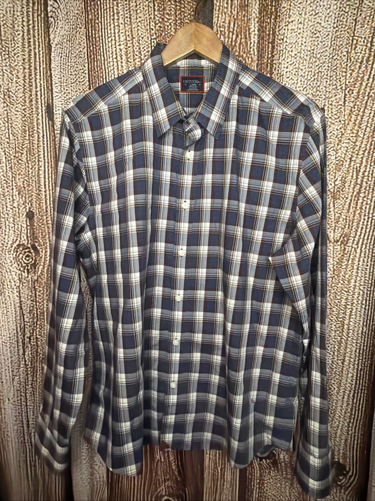 Untuckit Shirt Men’s Large Maroon Blue Plaid Wrinkle Free Long Sleeve Button-Up