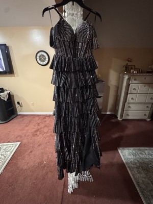 SHERRI Hill Black Silver Ruffle Lace Up Off the Shoulder Slit Evening Gown 00 | eBay SHERRI Hill Black Silver Ruffle Lace Up Off the Shoulder Slit Evening Gown 00 | eBay