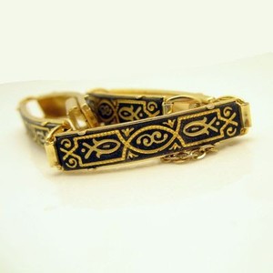 Vintage-DAMASCENE-Bracelet-Large-Rectangle-Fish-Links-Nice-Detail-Black-Gold