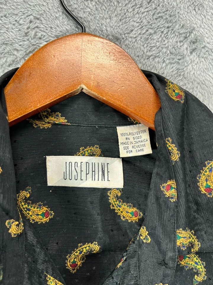 VTG Josephine Satin Button Up Shirt Top Womens Large Black Paisley Long Sleeve - Image 3 of 4
