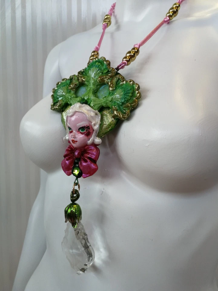 Cabeza de muñeca trébol joyería collar colgante Art Deco cristal encanto joyería de lujo Foto 2 de 4