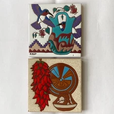 Set 2 Earthtones & Fiesta, 1990s Southwest Art Ceramic Tiles Hummingbird, Chilis