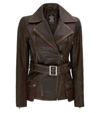 Women's Slim Fit Asymmetrical Moto Belted Vintage Brown Lambskin Leather Jacket