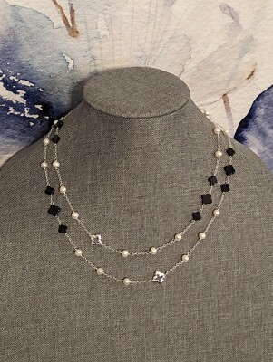 sterling silver freshwater pearl and onyx clover quatrefoil necklace