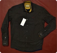 Men's Navy Blue Long Sleeve Button Down Double G Monogram Pure Cotton Shirt