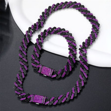 2Pc FULLY ICED Bling Rhodium Plated Purple Black CZ Cuban Link Necklace Bracelet