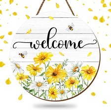 Spring Summer Flower Welcome Door Sign Yellow White Wooden Hanging Sign Daisy