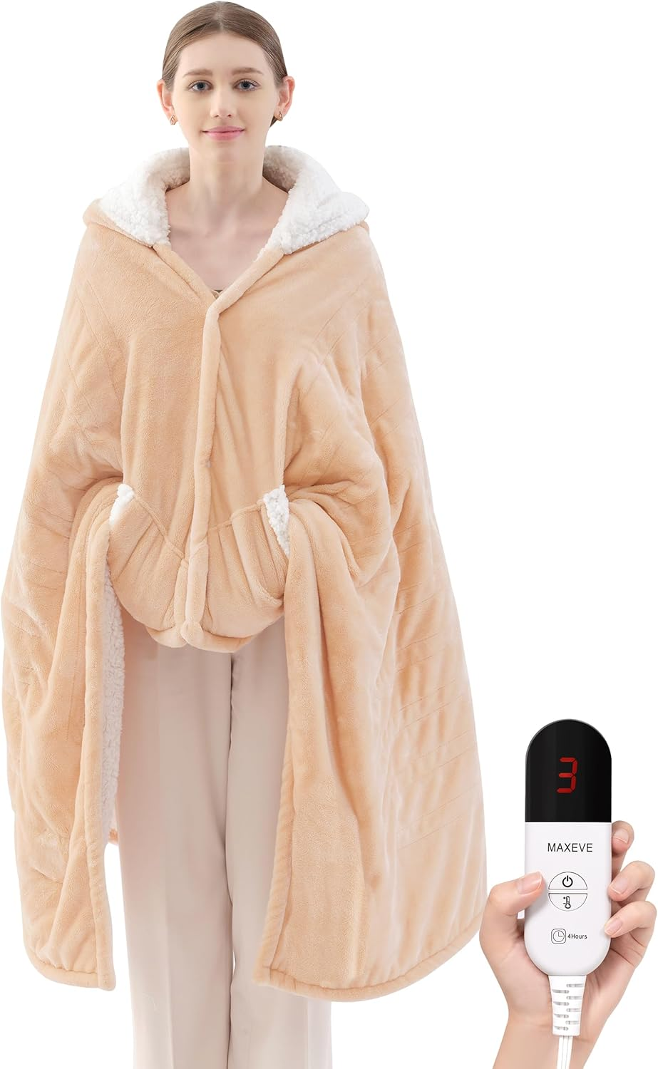 Electric Wearable Blanket Heated Blanket with Hood and Pocket, Flannel & Sherpa