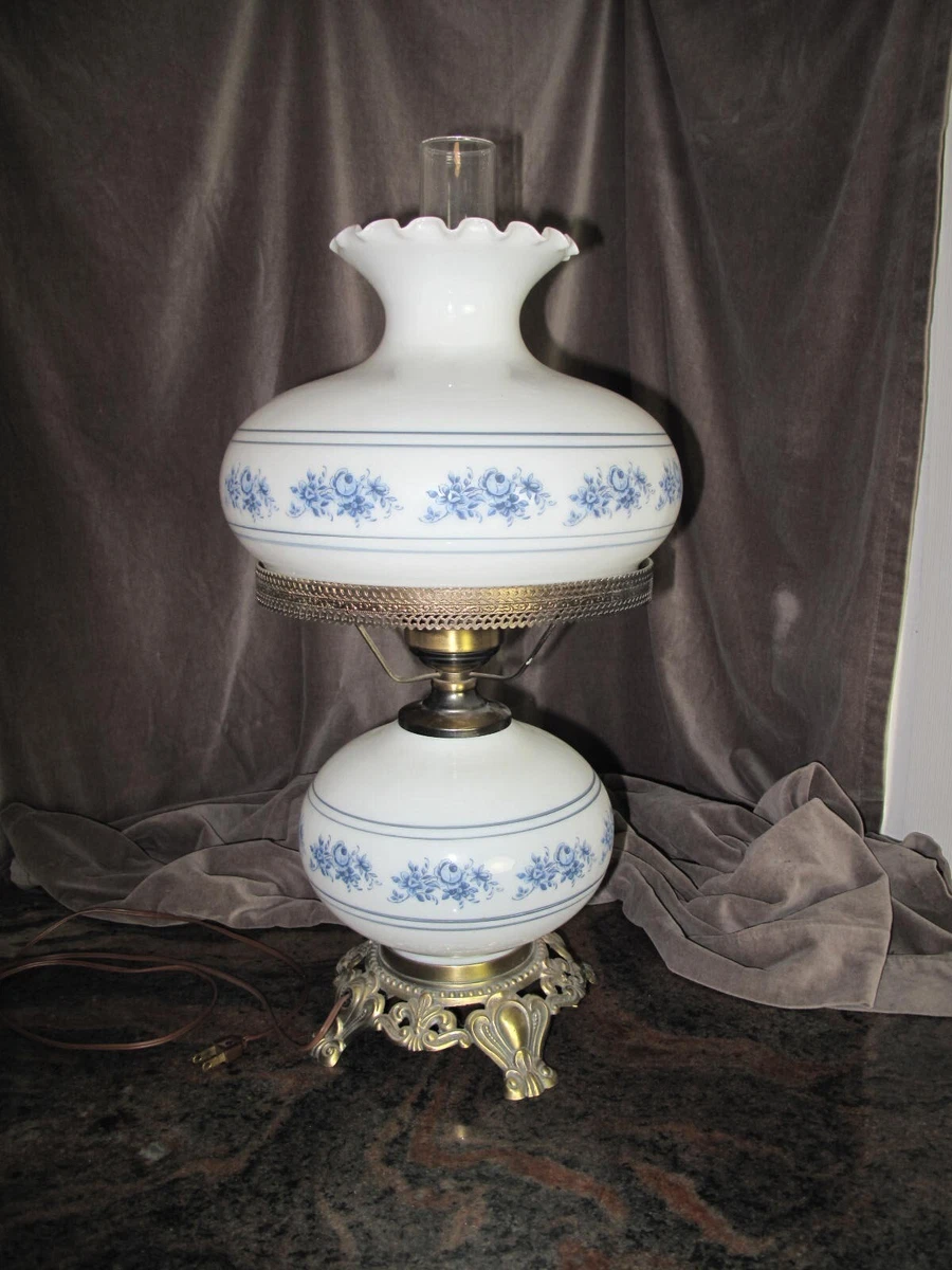 White milk glass lamp with blue flowers online