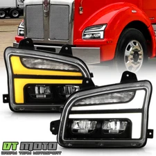 For 2014-2025 Kenworth T880 Black Switchback Sequential Signal LED Headlights