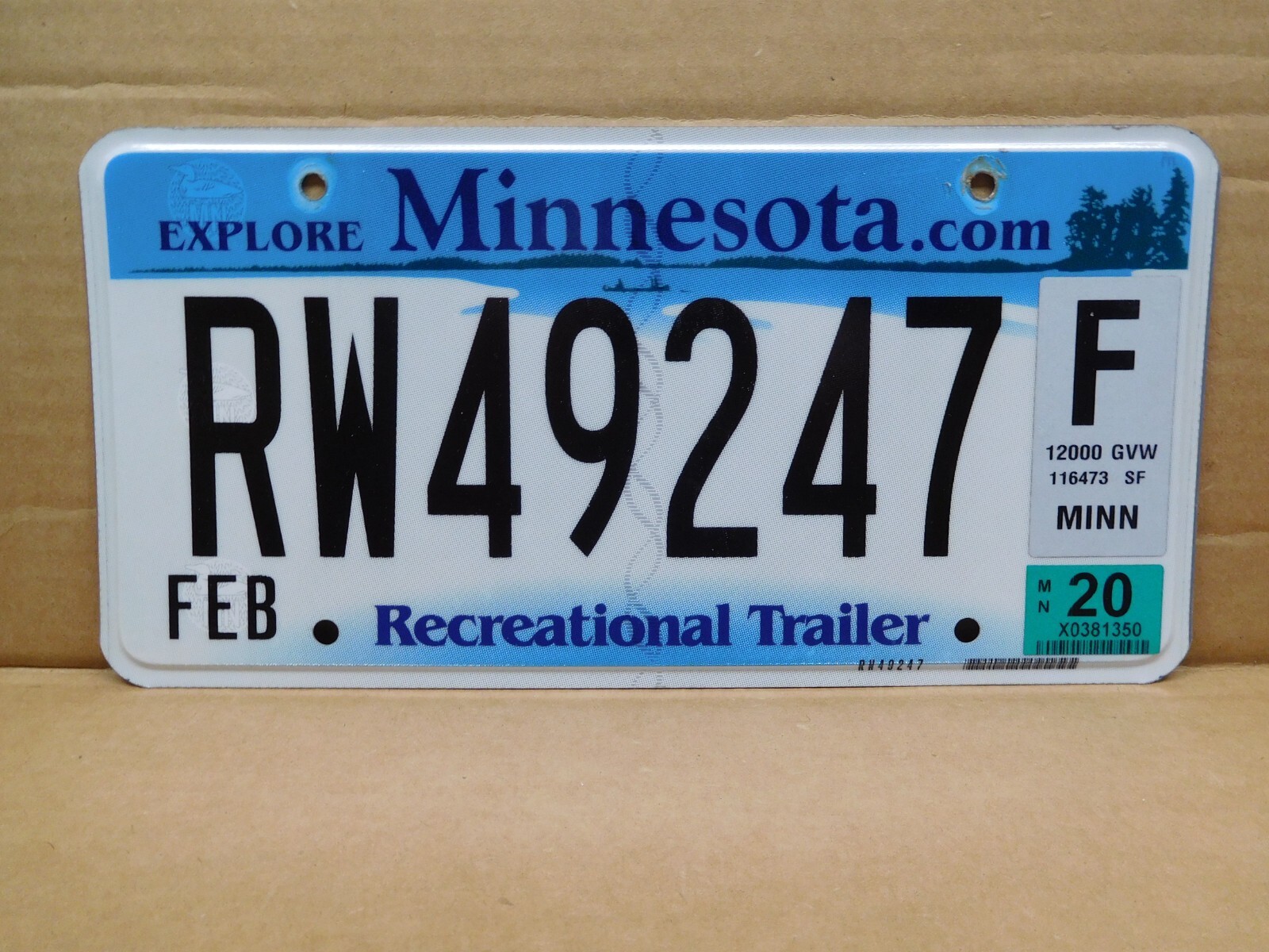 (1) 2020 Minnesota Recreational Trailer License Plate Plates RW49247