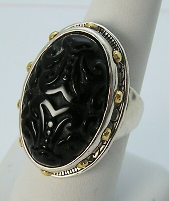 Vintage Sterling Silver Carved Black Onyx/Agate ''Into The Night'' Ring sz8+ 14g