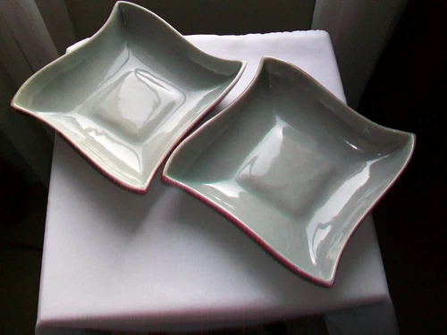 2 RED WING MCM WAVY SQUARE CANDY CONSOLE BOWL DISH B 1396 7 1/2" BURGUNDY