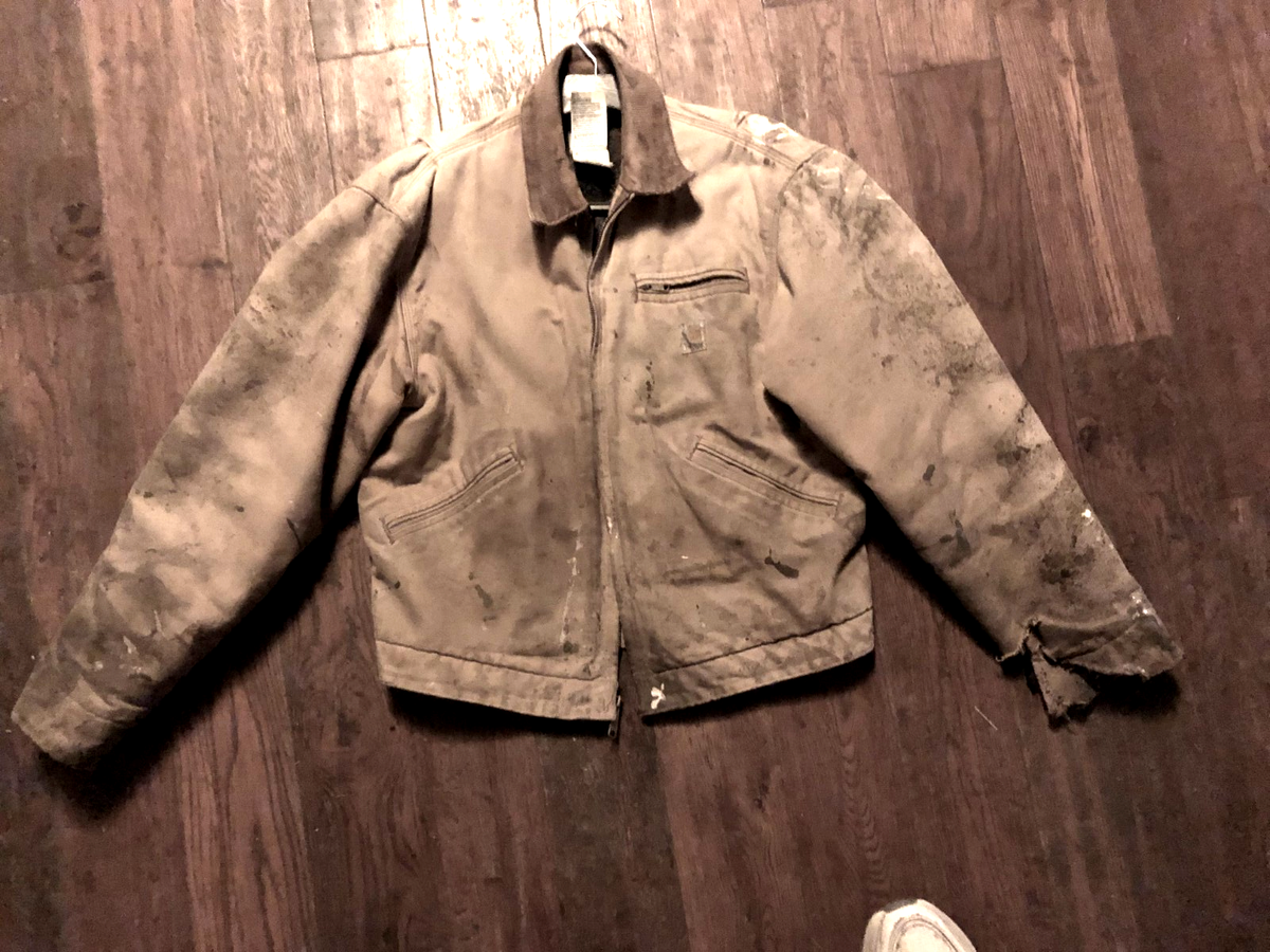 Vtg Thrashed Carhartt Detroit Trucker Jacket Blanket Lined Size