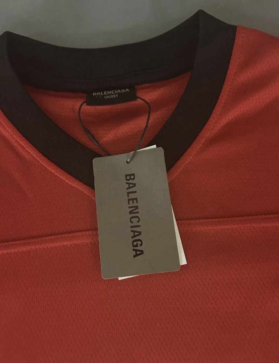 Balenciaga Men's L Red/Black/White Logo Graphic V-Neck Short Sleeve T-Shirt View 4
