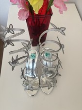 Women s Silver Rhinestone Strappy Open Toe Stiletto Butterfly Slip On 5.5