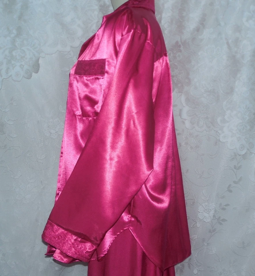 VTG 80s UNWORN L/XL GO SOFTLY 2 PC LONG FUCHSIA SATIN FLANNEL BACK PAJAMAS PJ - Image 4 of 4