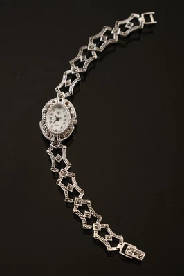 Filigrane Art Déco Uhr – 925er Silber – Weißes Zifferblatt & Markasit, 18,5cm - Bild 1 von 4